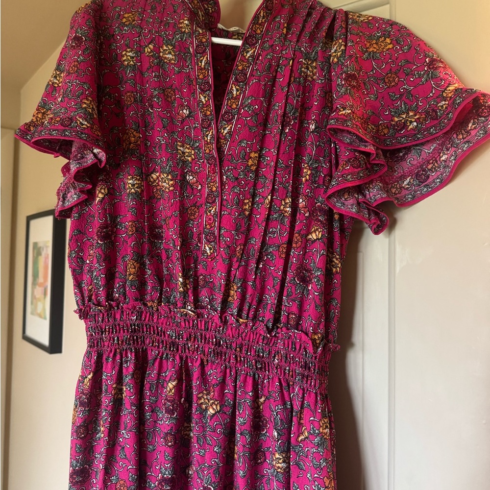 Max Studio Red Floral Tiered Maxi Dress Size L Flutter Sleeve